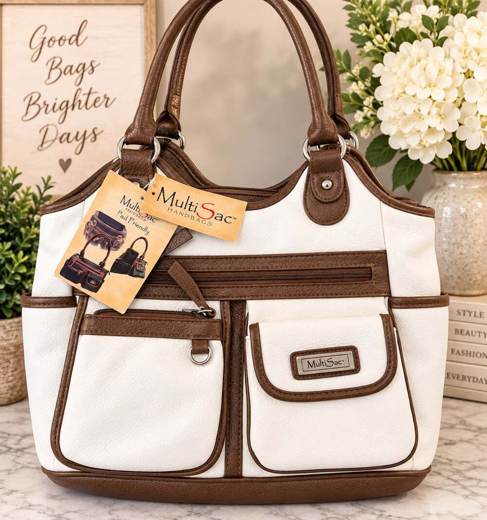 Multisac Handbags White And Brown Multi-Pocket iPad Friendly Tote Bag